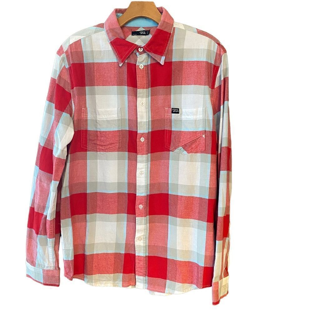 ChloroPhylle Sz S Red Teal Soft Flannel Marley Button Down Collar Pocket Shirt